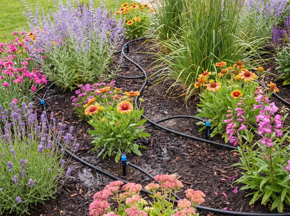 Drip emitters wetting soil at the root zone of ornamental planting