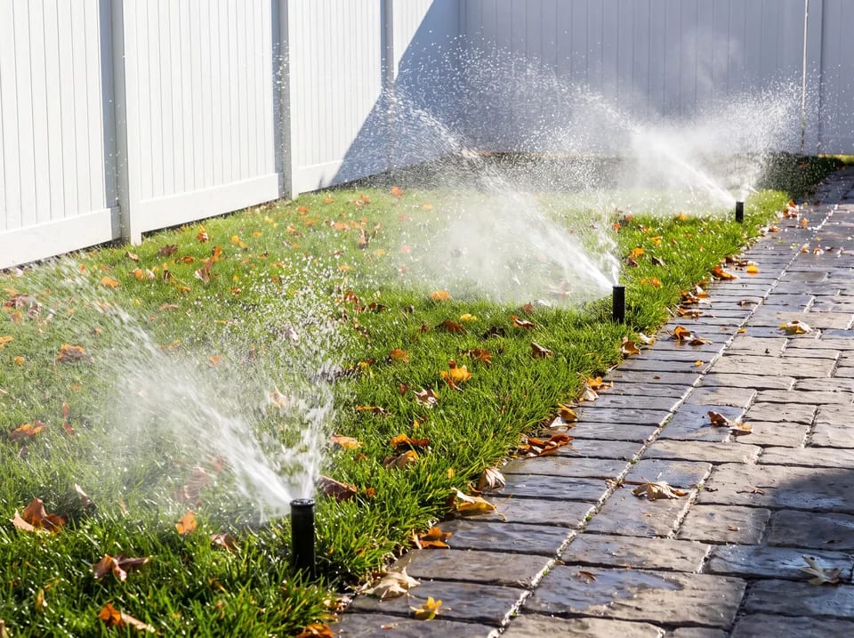Autumn irrigation blowout in progress on a dormant lawn before the first freeze