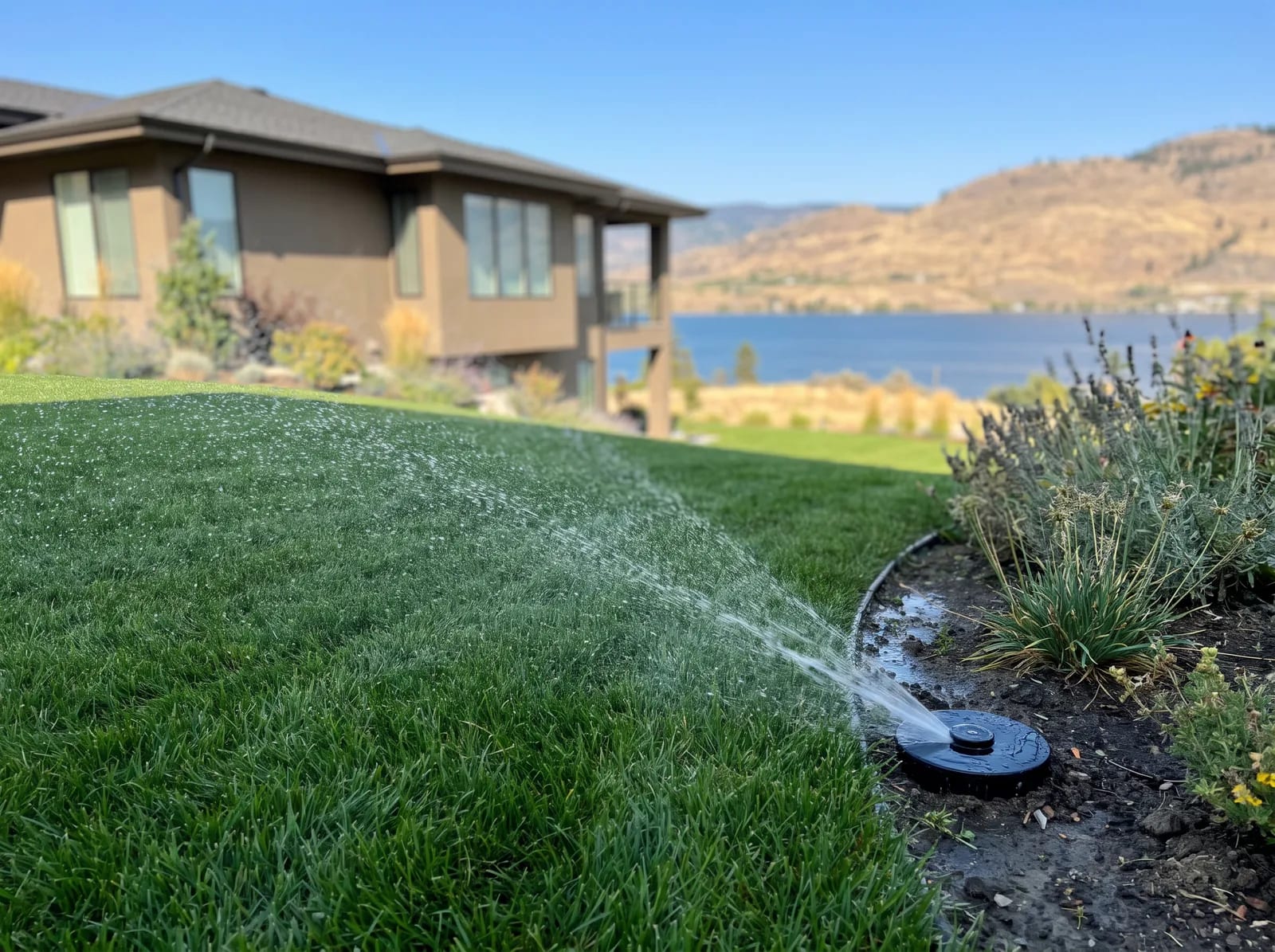 An Okanagan hillside property with an in-ground irrigation system watering the lawn