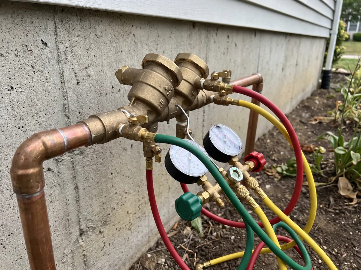 Brass backflow prevention assembly with test gauges connected to its test ports