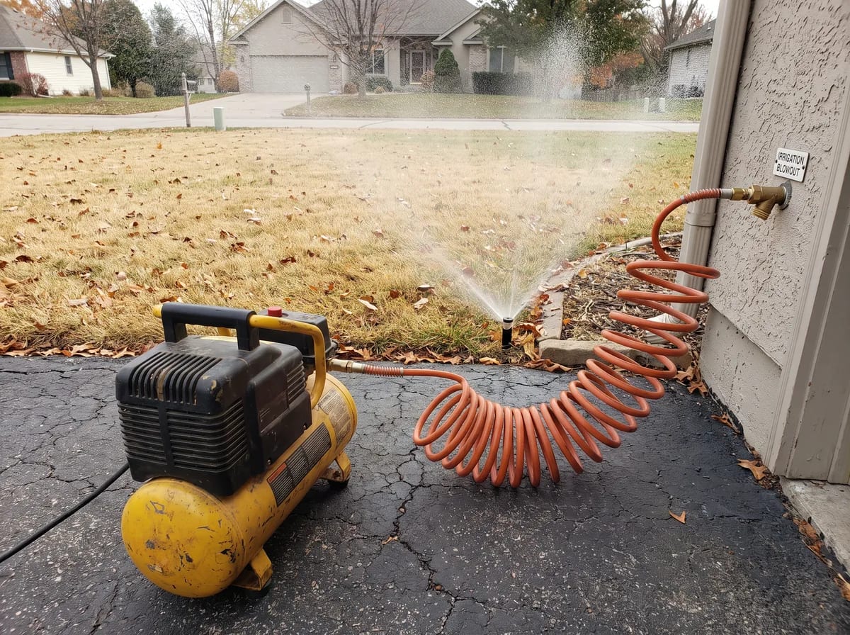 Air compressor connected to an irrigation blowout port, clearing a zone before winter